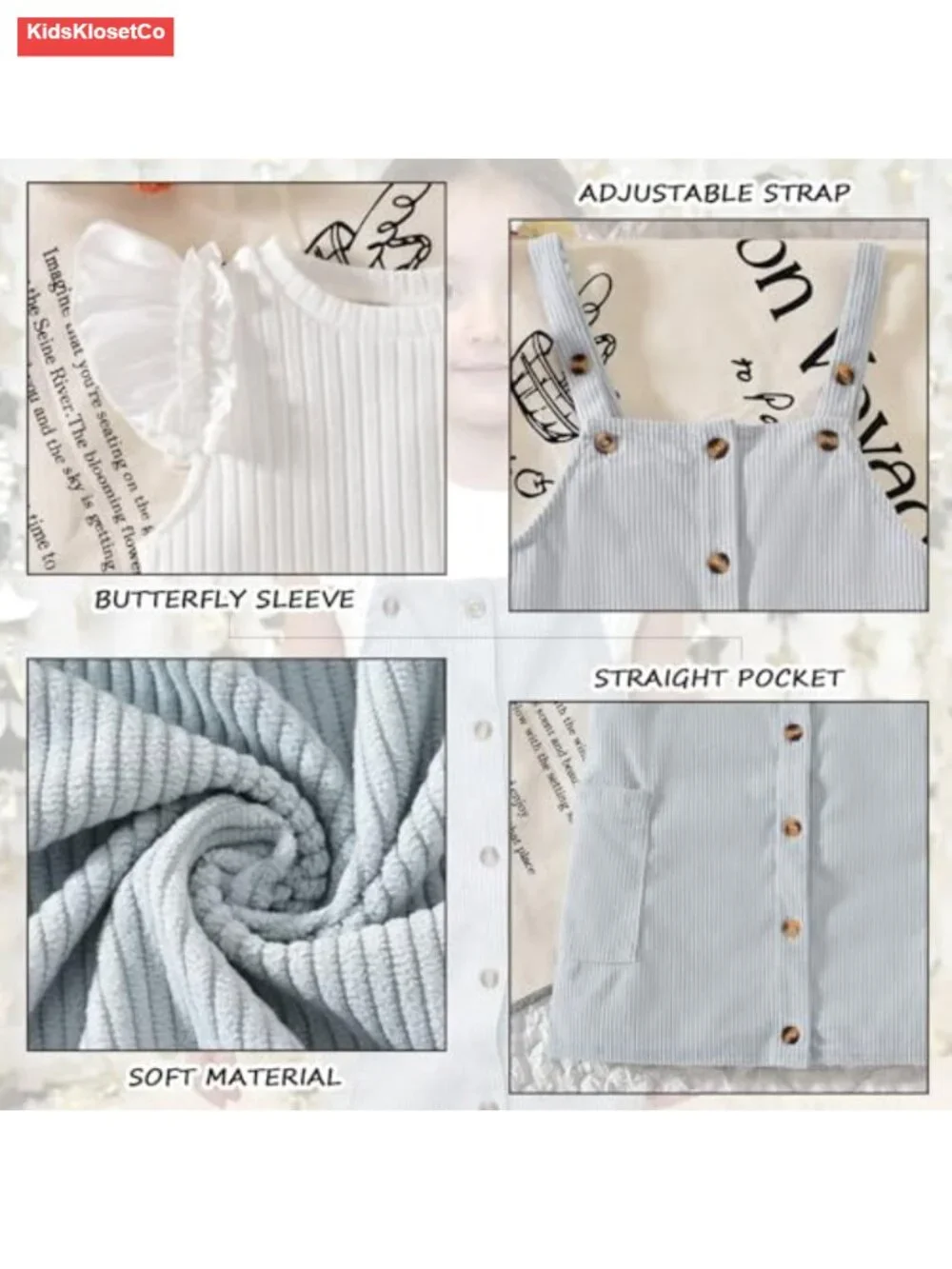 Toddler Girl Corduroy Button Down Overall Dress Set Butterfly Sleeve Tee